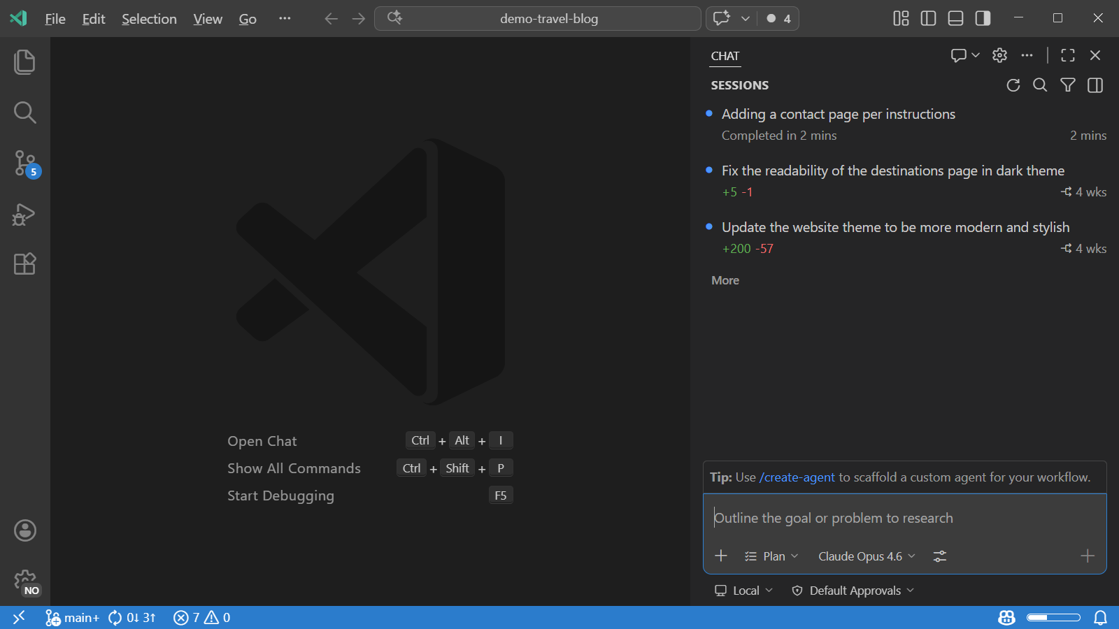 Screenshot of an agent session in VS Code showing code changes and chat interaction.