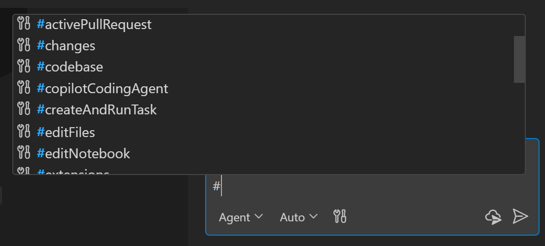 Screenshot of VS Code Chat view, showing the chat variable picker.