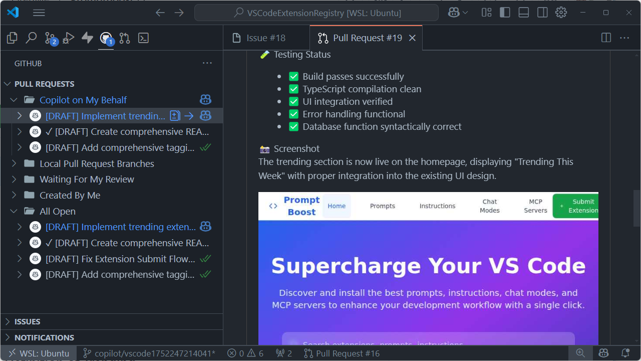 Screenshot showing a pull request from Copilot coding agent displayed in VS Code with an included screenshot of the implemented feature.