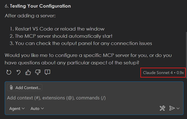 Screenshot of a chat response, showing the selected model on hover.