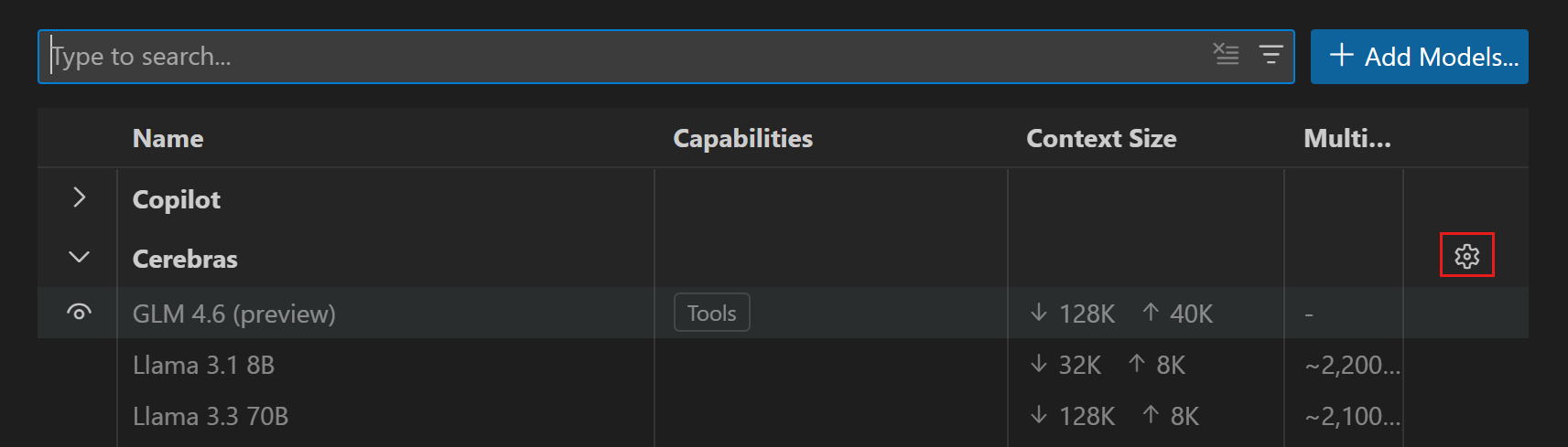Screenshot that shows the model provider Quick Pick, with a gear icon next to the provider name.