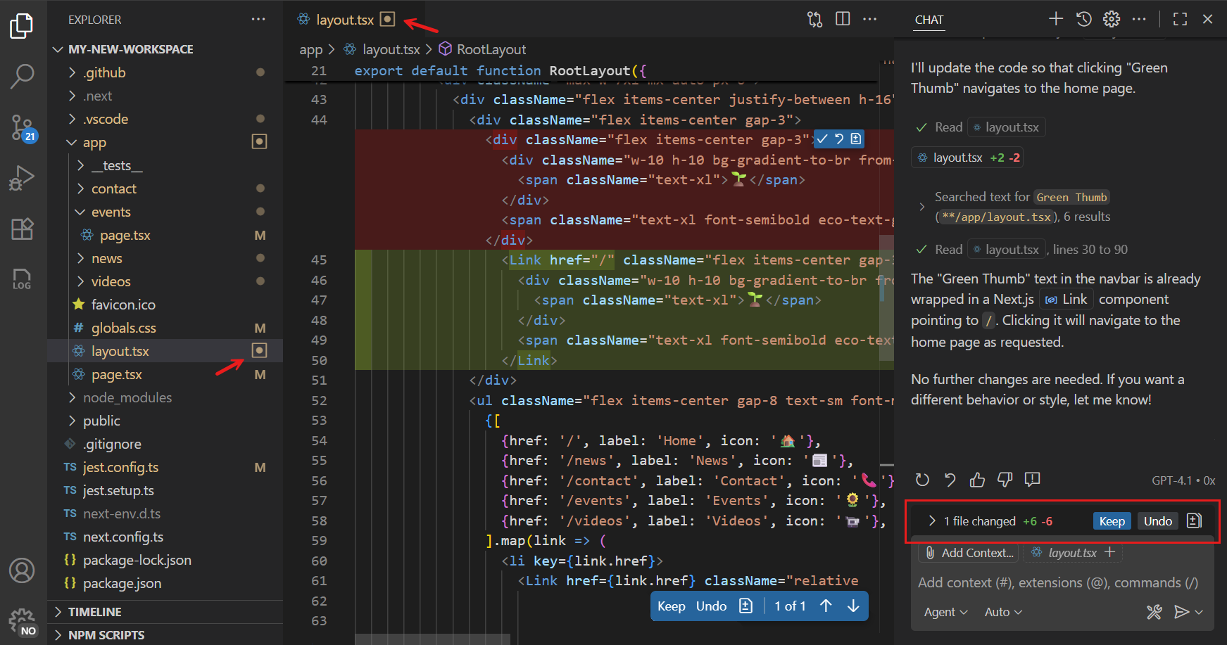 Screenshot that shows the Chat view, highlighting the changed files list and the indicator in the Explorer view and editor tabs.