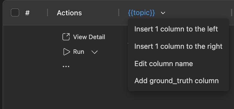 Screenshot showing AI Toolkit interface with dataset management options and column management controls.