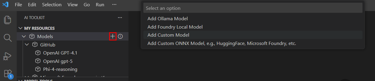 Screenshot of the AI Toolkit interface showing the Model Catalog toolbar with the + Add model button highlighted, indicating where users can click to add a new custom model.