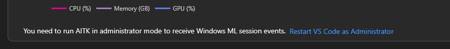 Screenshot that shows a notification to restart VS Code in admin mode