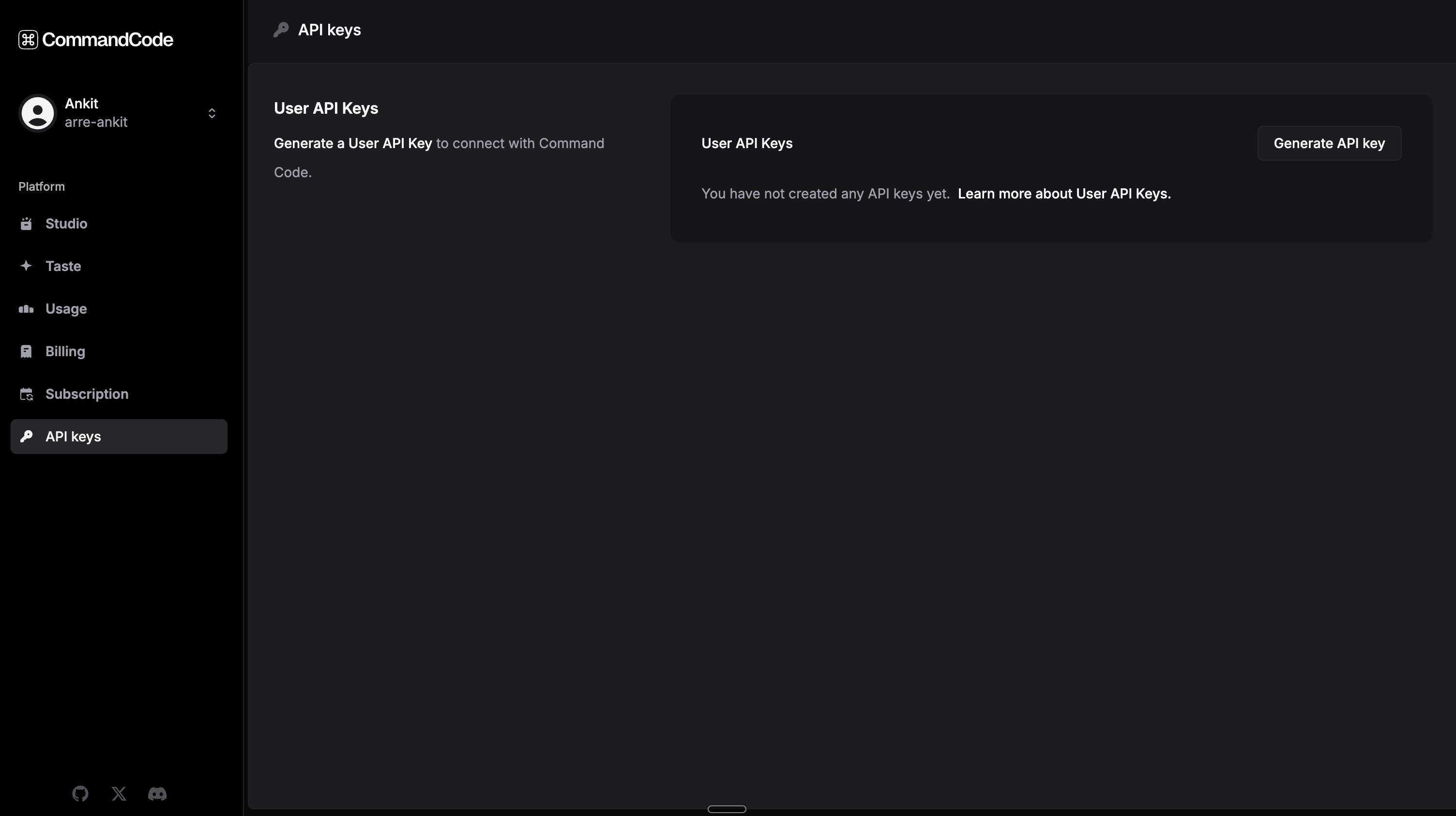 Command Code API keys