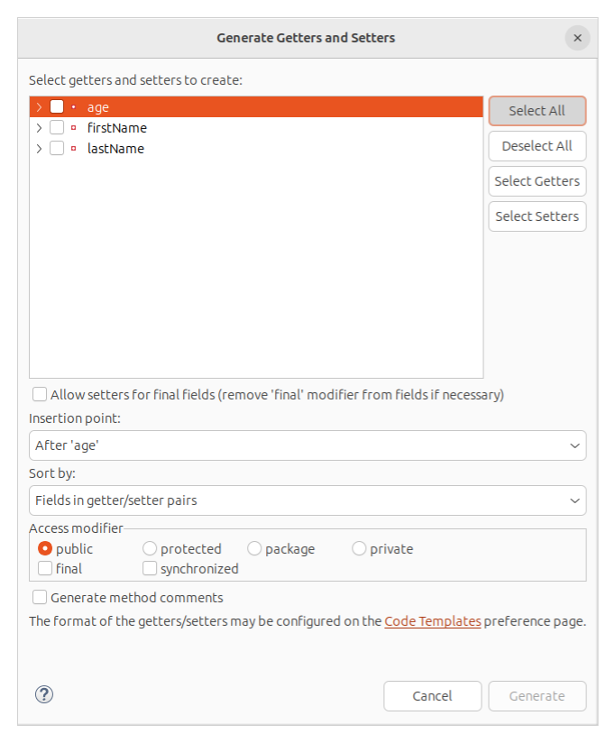 Generate Getters and Setters