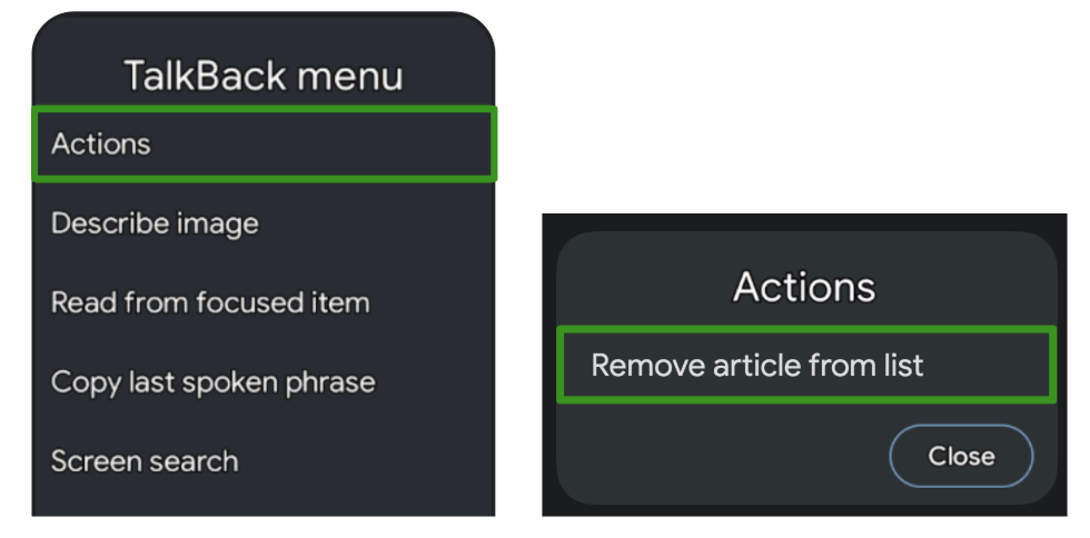 Visualization of TalkBack action menu