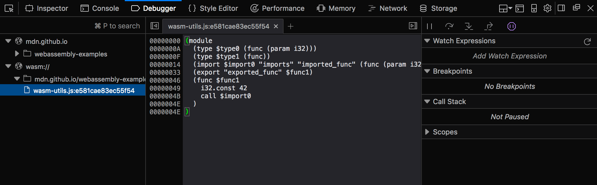 Panneau du débogueur des outils de développement mettant en évidence un module.