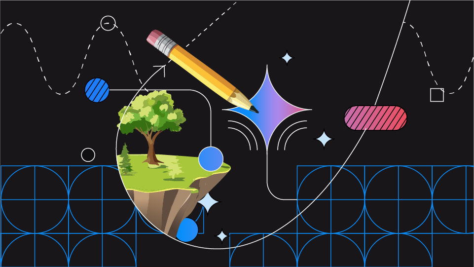 A pencil and a stylized landscape of a tree on a floating island.