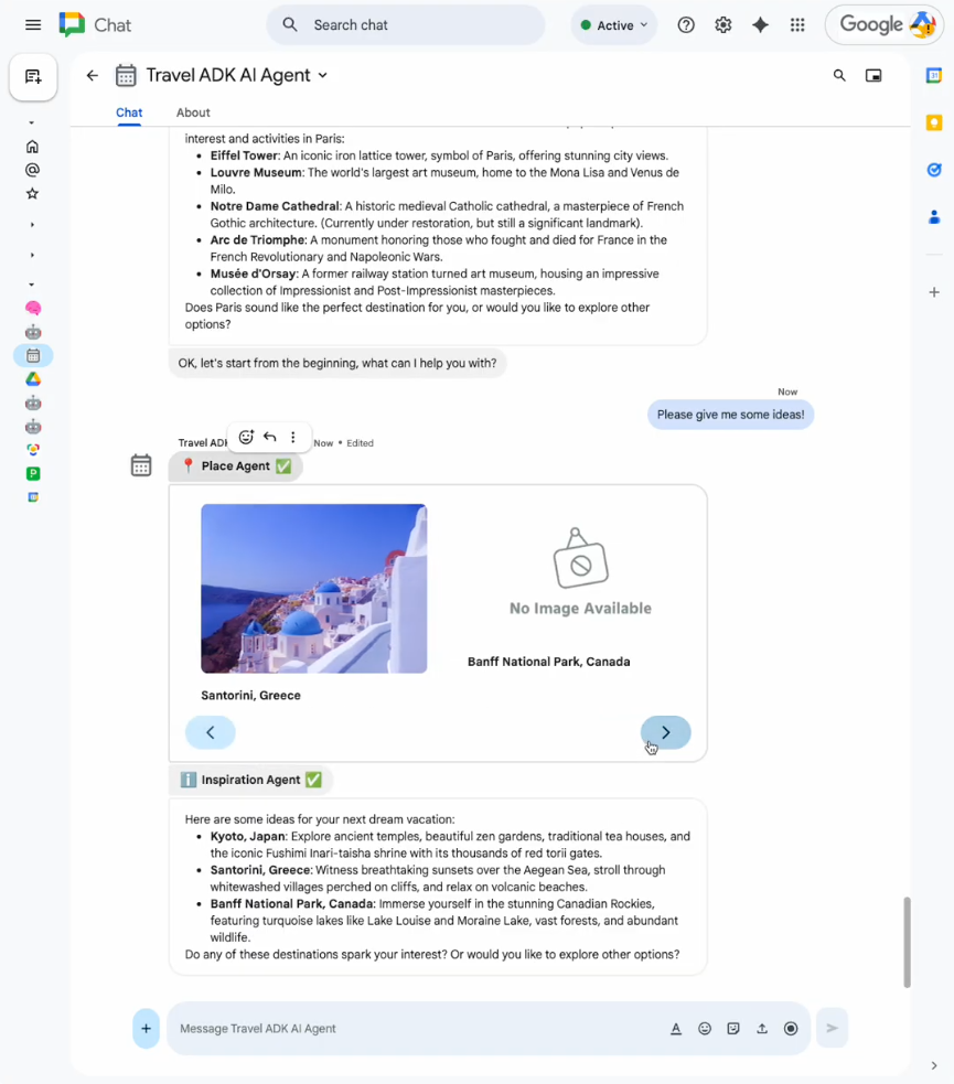 Using the AI agent from Chat to brainstorm travel ideas.