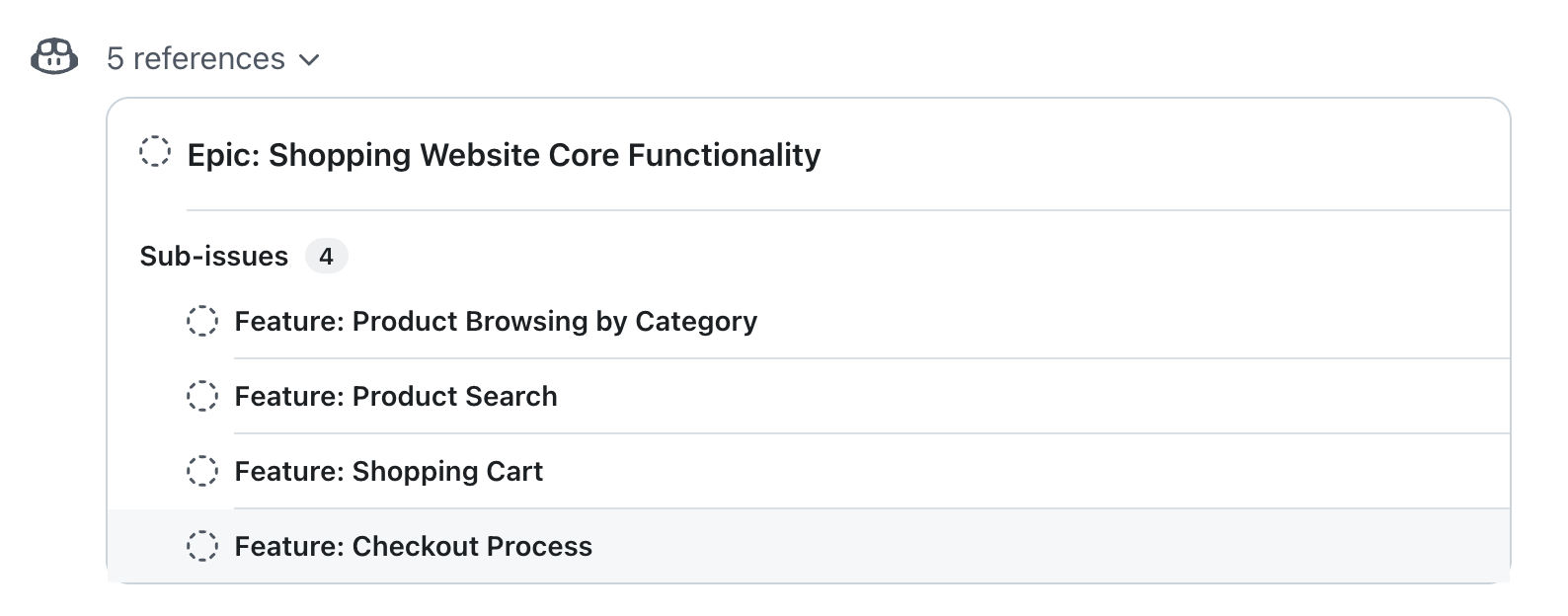 Captura de tela do Copilot Chat. O Copilot Chat exibe uma lista de issues com um épico na parte superior e vários sub-issue abaixo dele.