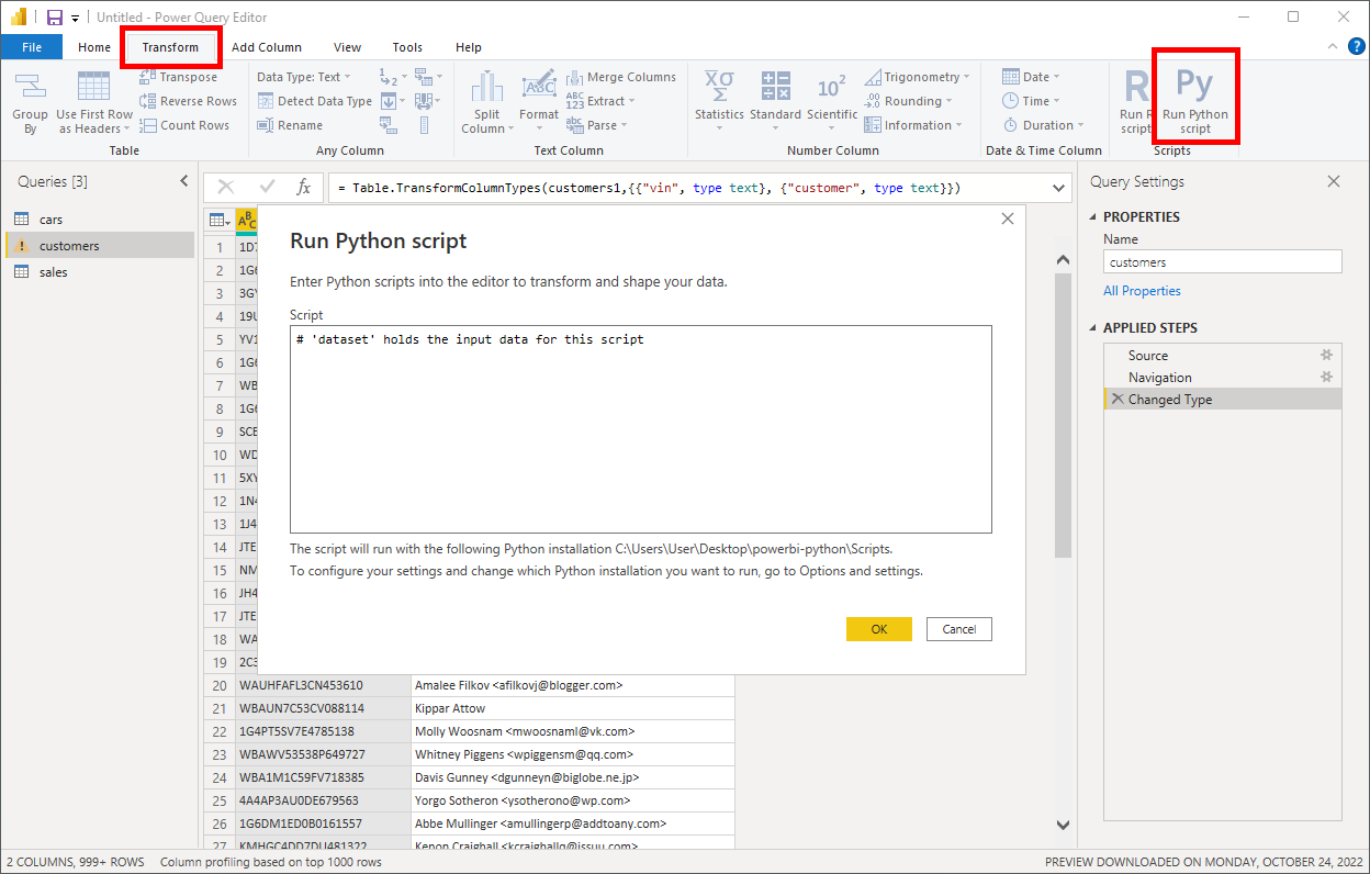 Run Python Script in Power Query Editor