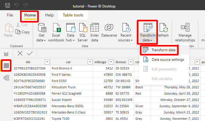 Transform Data Menu in Power BI Desktop