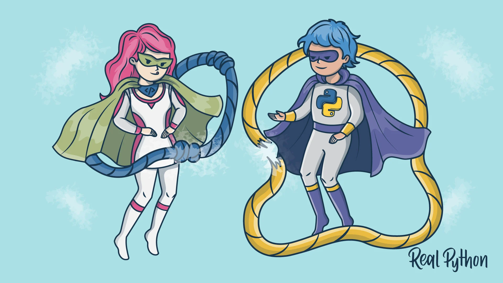 Two superheroes hovering in mid-air, splitting and joining ropes