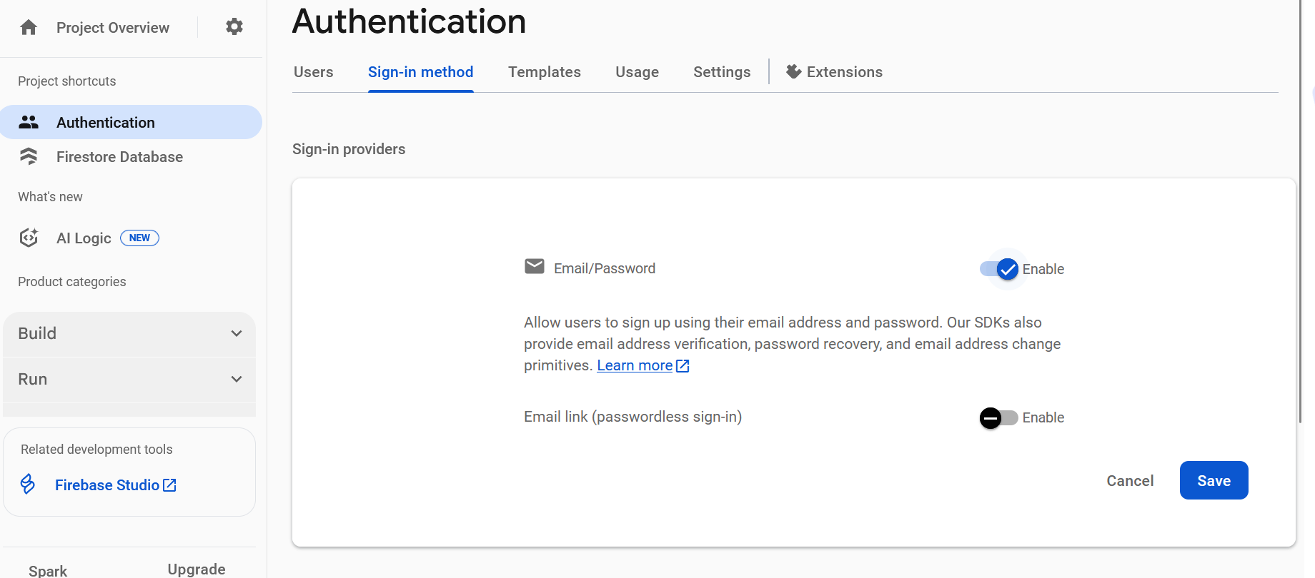 The Firebase Authentication settings page, with the 'Sign-in method' tab selected. It shows the 'Email/Password' provider is enabled, while the 'Email link (passwordless sign-in)' provider is disabled.