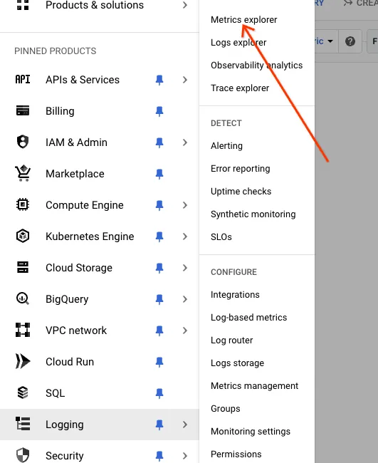 Metrics Explorer menu item in Cloud Logging