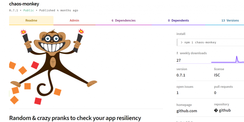 Node-chaos can generate all sort of Node.js pranks so you can test how resilience is your app to chaos alt text