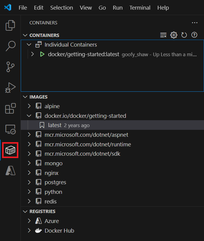Screenshot shows the Container Tools extension with the docker/getting-started tutorial running.