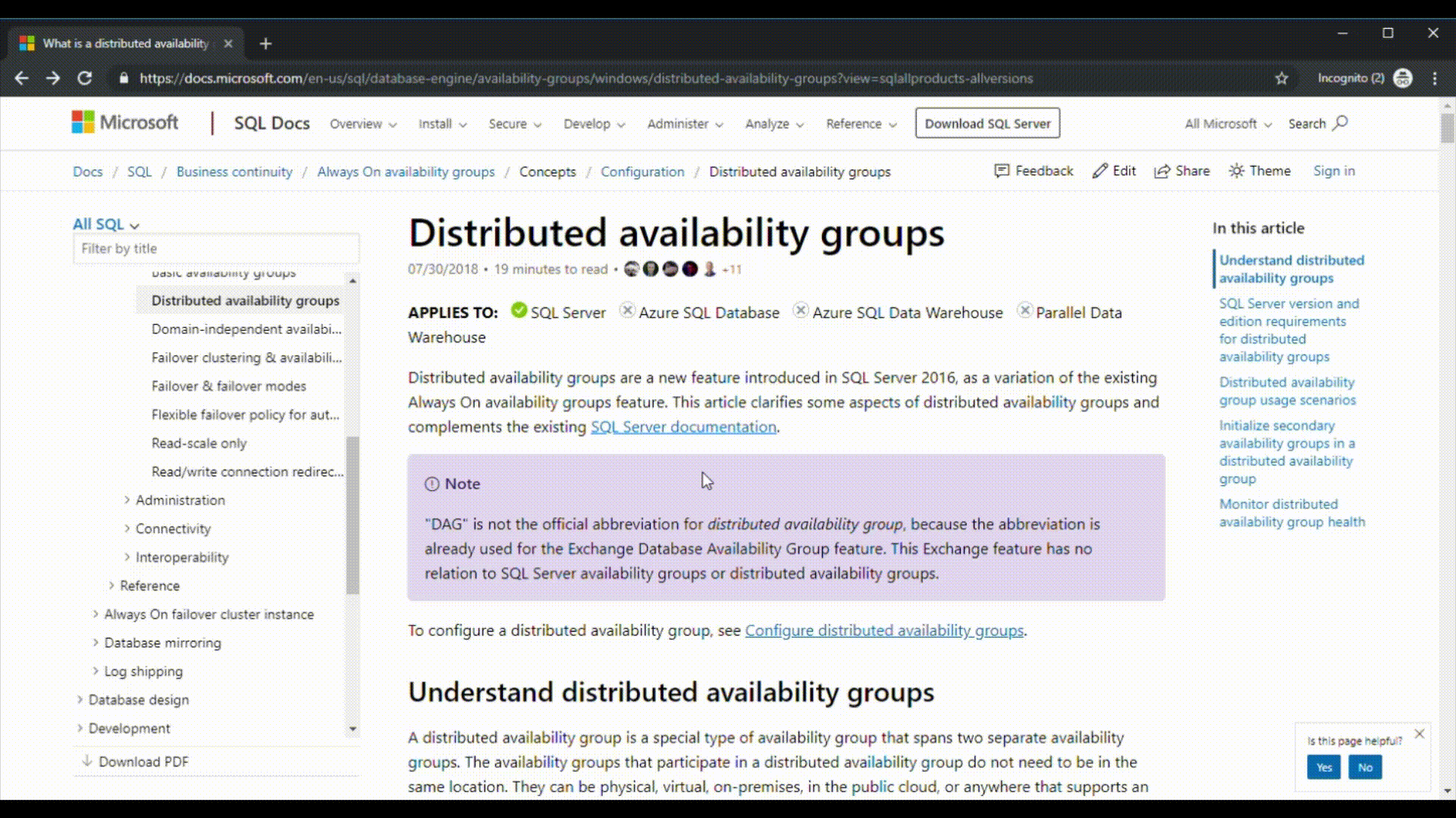 SQL Docs breadcrumbs