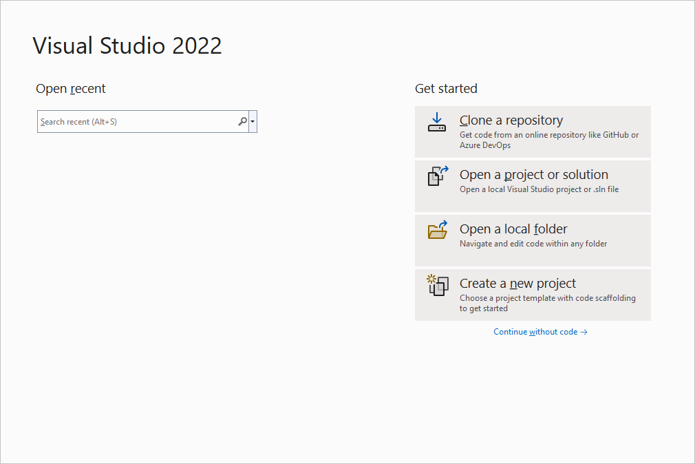Screenshot of the Visual Studio 2022 initial dialog with options such as create a new project, open an existing project, and more.