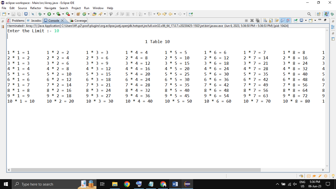Java Multiplication Table Output