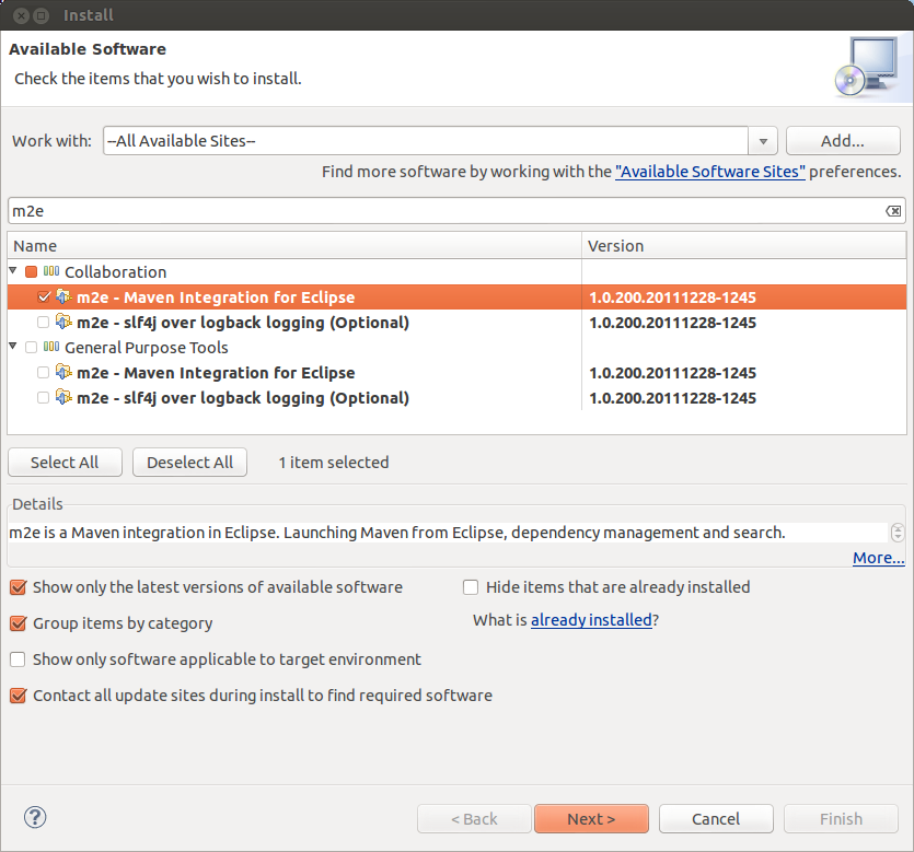 Screenshot of Install New Software dialog after selecting m2e for install. Screenshot of Install New Software dialog after selecting m2e for install.