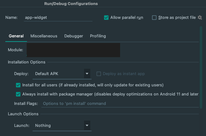 screenshot showing run configuration in Android Studio for widgets screenshot showing run configuration in Android Studio for widgets