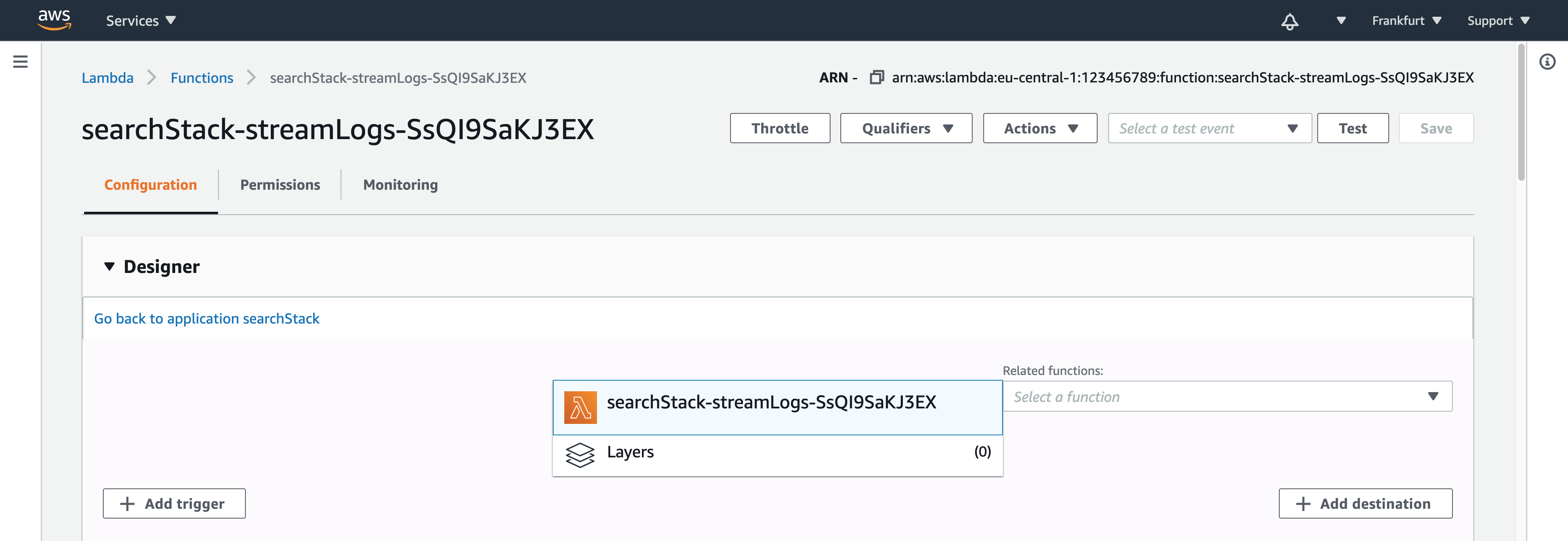 view on the designer in the AWS Lambda console with the add trigger button