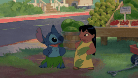 Lilo and Stitch dancing the hula together in grass skirts, from Disney's Lilo & Stitch