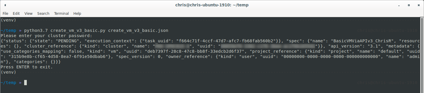 Screenshot of running create_vm_v3_basic.py