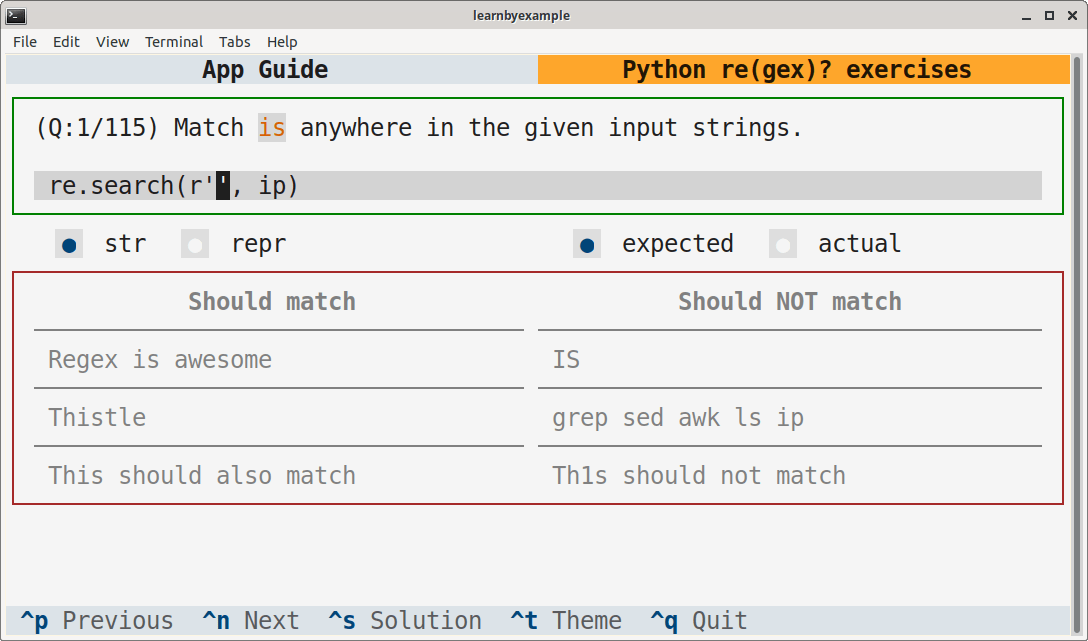 Screenshot for my interactive TUI app for Python regex exercises