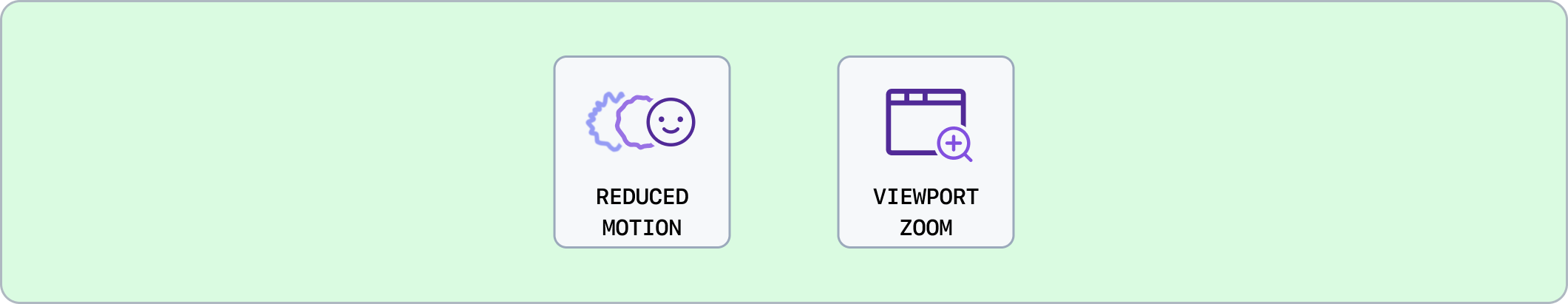 Two squares showing device setting gesture types against a green background. Each has an illustration previously described in the main illustration. From left to right, the annotations are: reduced motion, and viewport zoom.