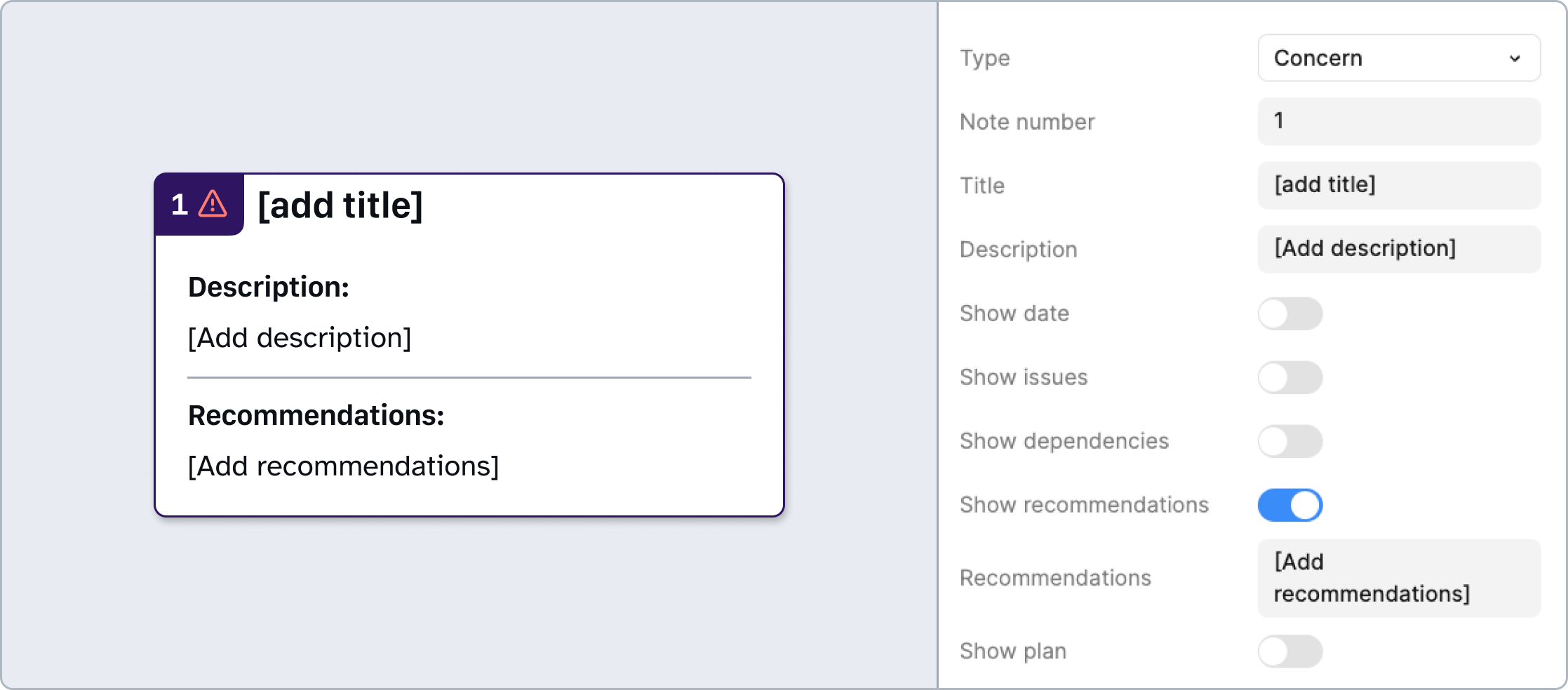 A details annotation and a Figma properties panel. The note numbers have been set to 1. Show recommendations has been toggled on, but the recommendations field is empty. There is an empty description field.