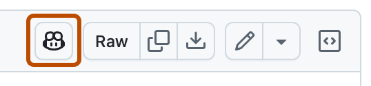 Screenshot of the {% data variables.product.prodname_copilot_short %} button, highlighted with a dark orange outline, at the top of the file view.