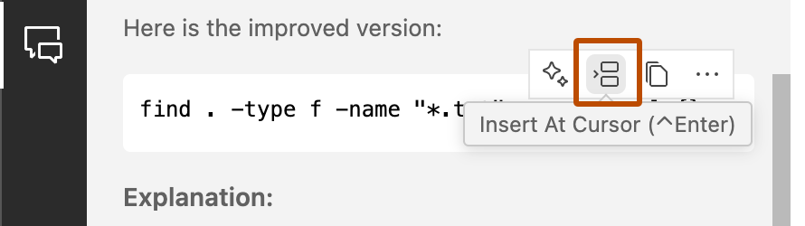 Screenshot of the 'Insert at cursor' icon in the {% data variables.copilot.copilot_chat_short %} panel.