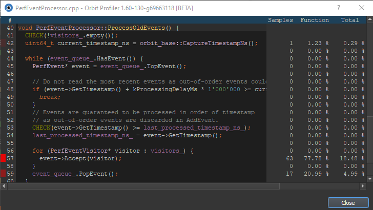 Orbit's source code view showing a C++ source file with samples annotated