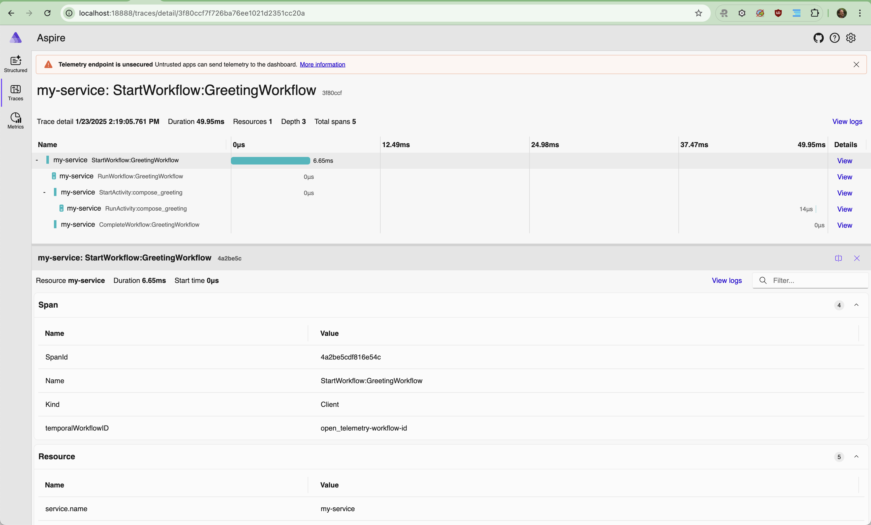 Aspire traces screenshot