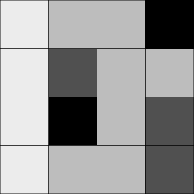 four by four grid of squares filled with different greyscale values