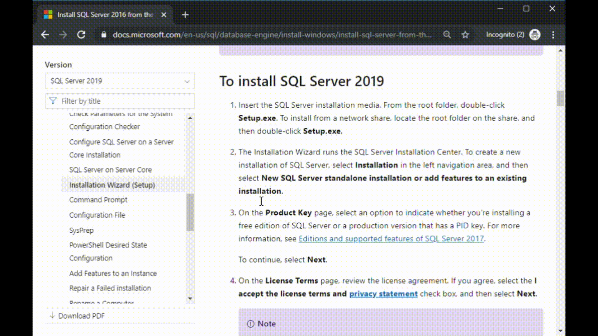 SQL Docs version filter