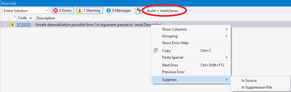 Suppress in error list