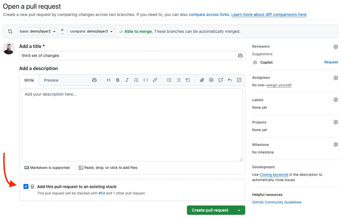 Creating a PR to add to an existing stack
