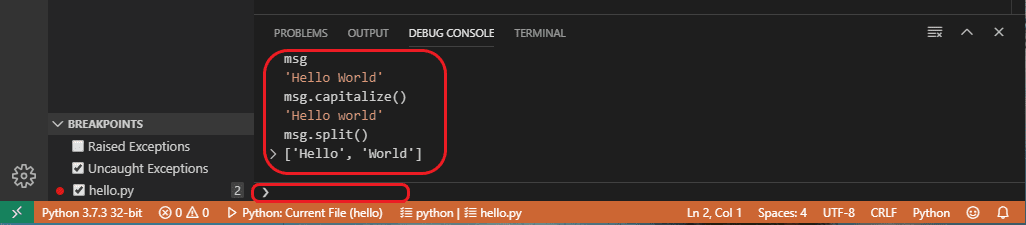 Debugging step 3 - using the debug console